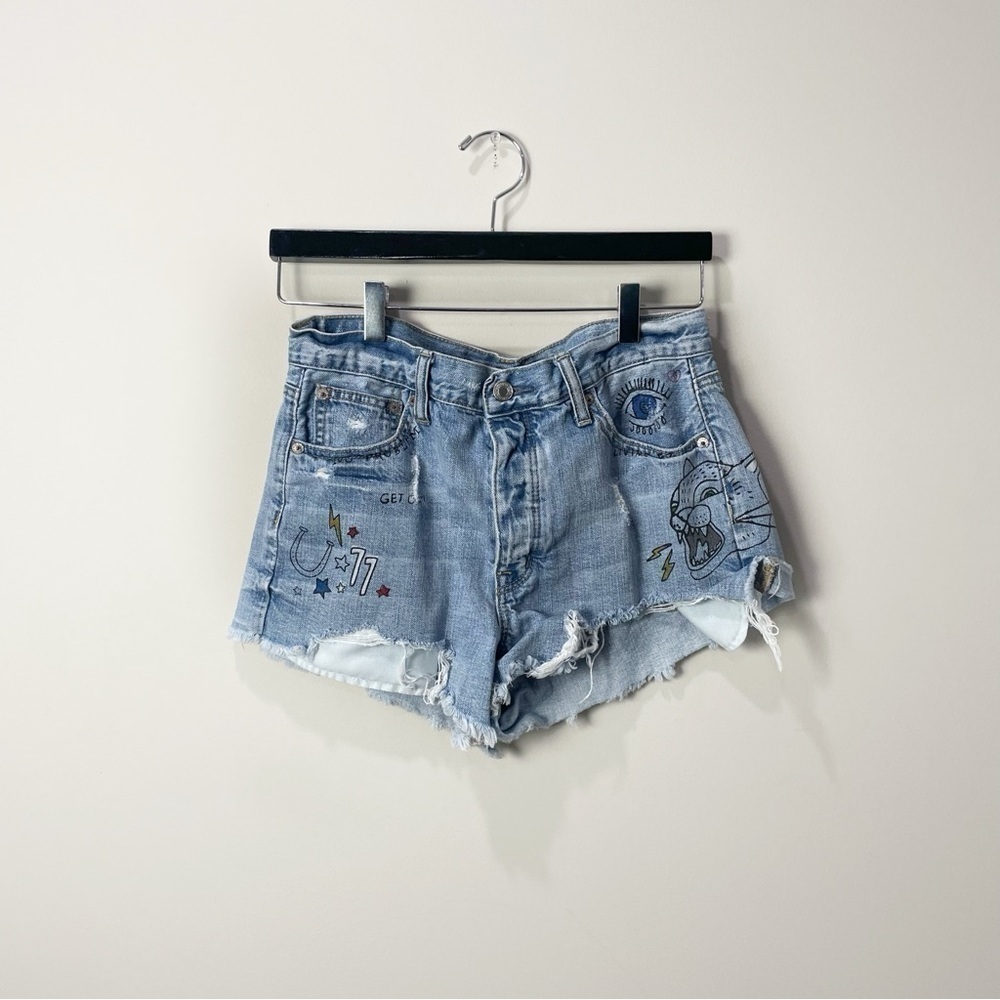 [American Eagle] Women's Denim Vintage Doodles Art Distressed Jean Shorts